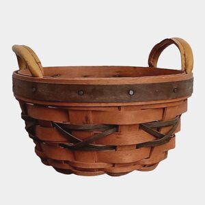 Vintage Small Round Green Trimmed Longaberger Basket with Plastic Liner 5.5"x 3"